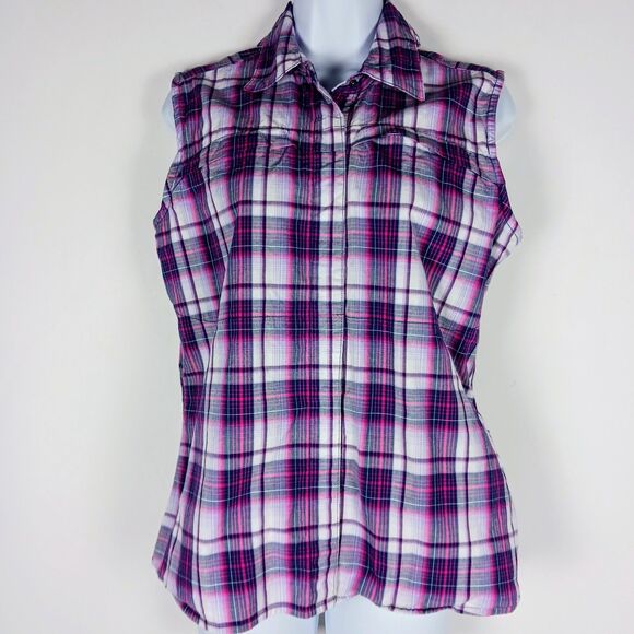 Dakini Plaid Boyfriend Shirt Womens Small Purple Stretch Hidden Pocket Vented - Picture 1 of 14
